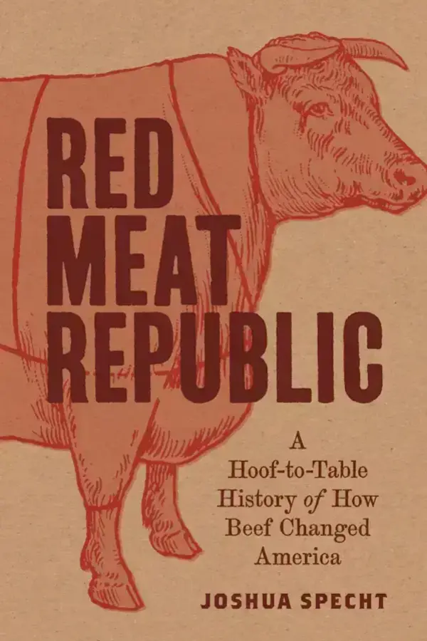 Book cover for "Red Meat Republic" showing a reddish-orange steer outlined with butcher cuts on a light brown background.
