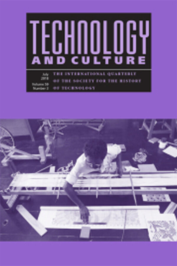 "Technology and Culture" magazine cover, July 2018. Black and white photo of a person weaving at a loom.