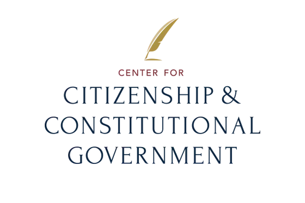 Gold feather pen above a thin red line of text reading "Center for" followed by three lines of navy text reading "Citizenship & Constitutional Government" in a serif font